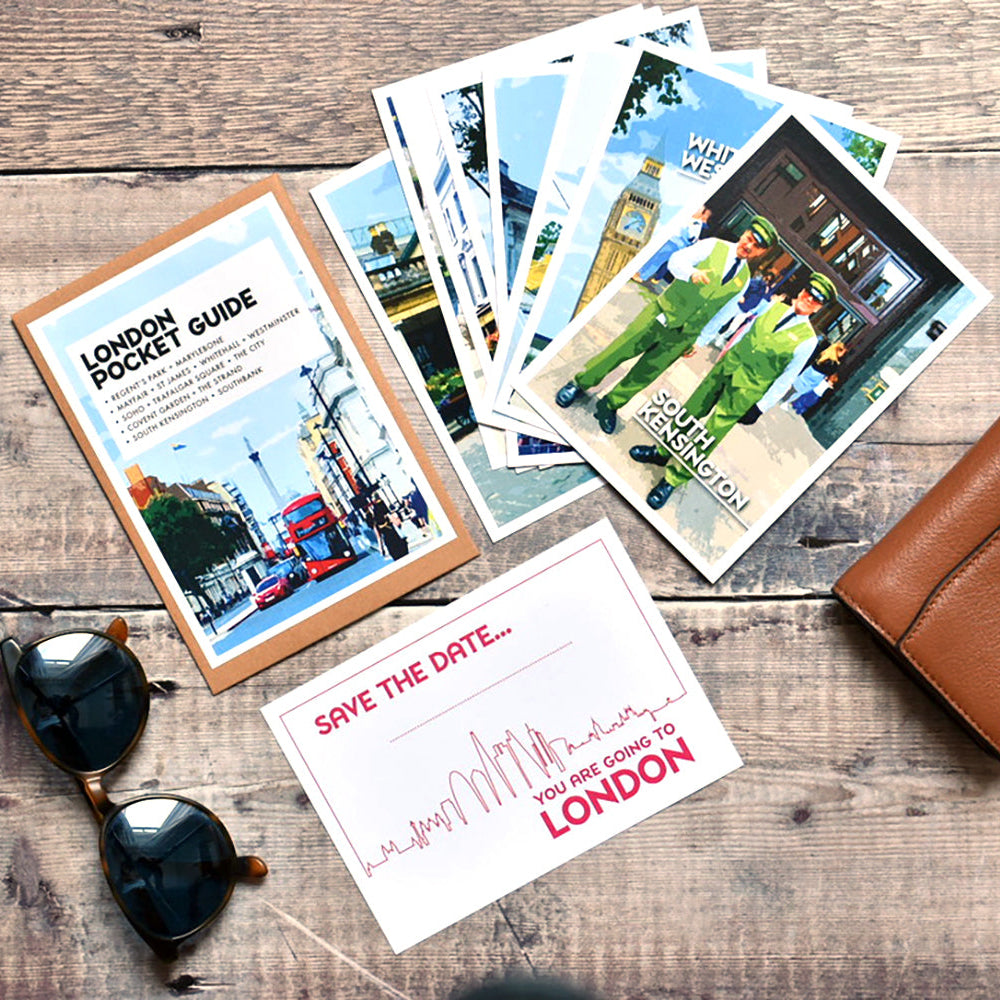 8 beautifully designed A6 pocket guides covering some of London's most iconic areas:

Regent's Park + Marylebone
Mayfair + St James's
Whitehall + Westminster
Soho + Trafalgar Square
The City of London
Covent Garden + The Strand
South Kensington
South Bank