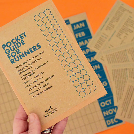Runner’s gift set featuring bite-sized cards on nutrition, stretching and mental strategies