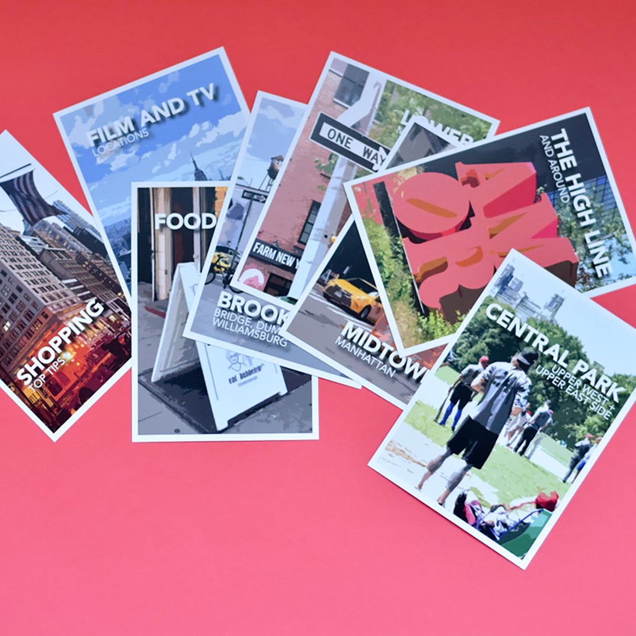 Collection of travel-themed postcards for New York tourism.