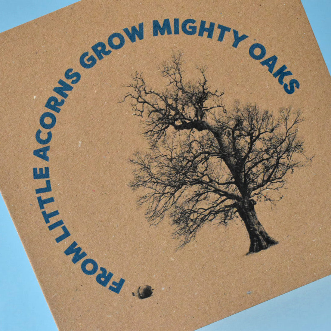 Greeting card featuring a small acorn and a tall oak tree with the words ‘From little acorns grow mighty oaks’ – a heartfelt design for Father’s Day, Mother’s Day, or thank yous.