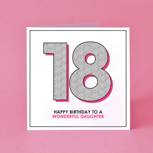 Greeting card with '18' and 'Happy Birthday to a wonderful daughter' with pink detailing.