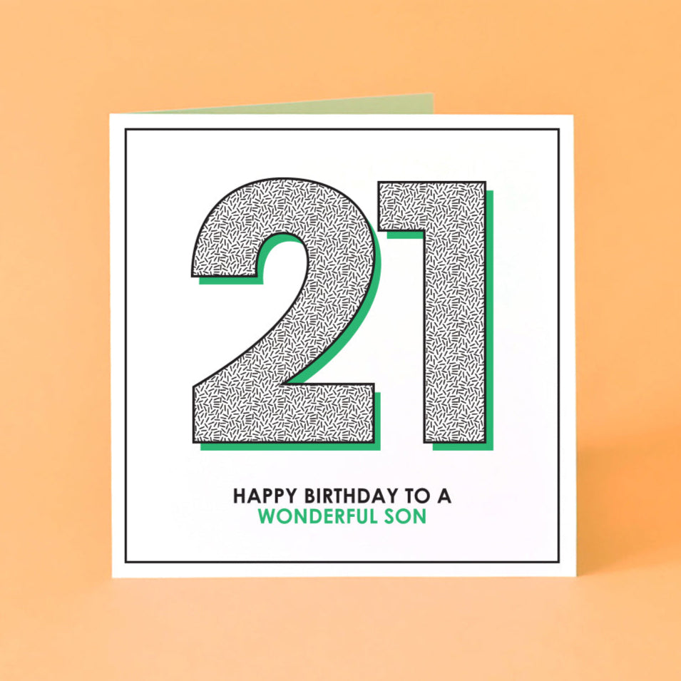 Birthday card with '21' and 'Happy Birthday to a wonderful son' text.