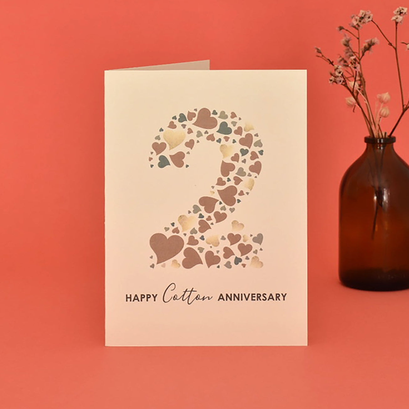 Happy Cotton Anniversary card with large number 2 made from lots of love hearts.