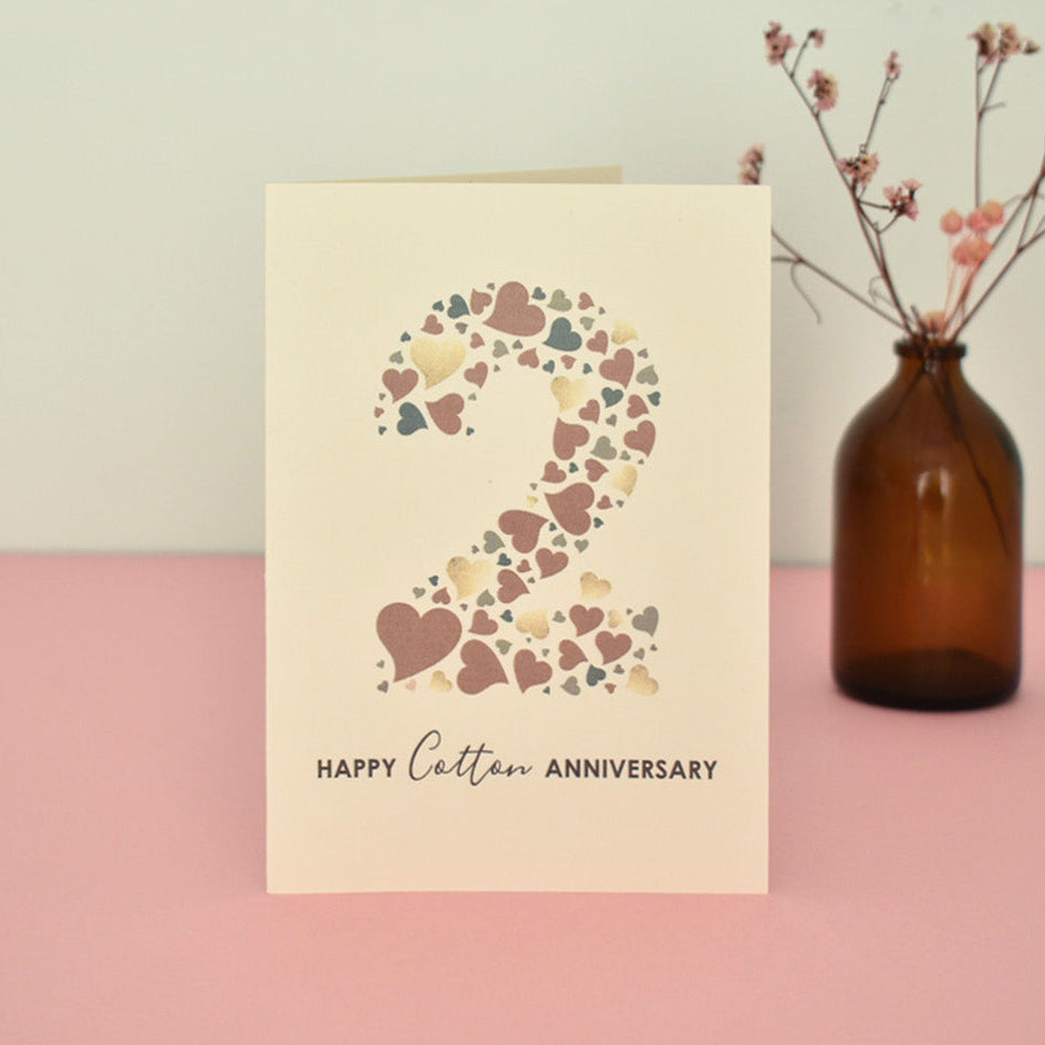 2nd Cotton Anniversary Card with the number 2 made from a collection of different size love hearts.