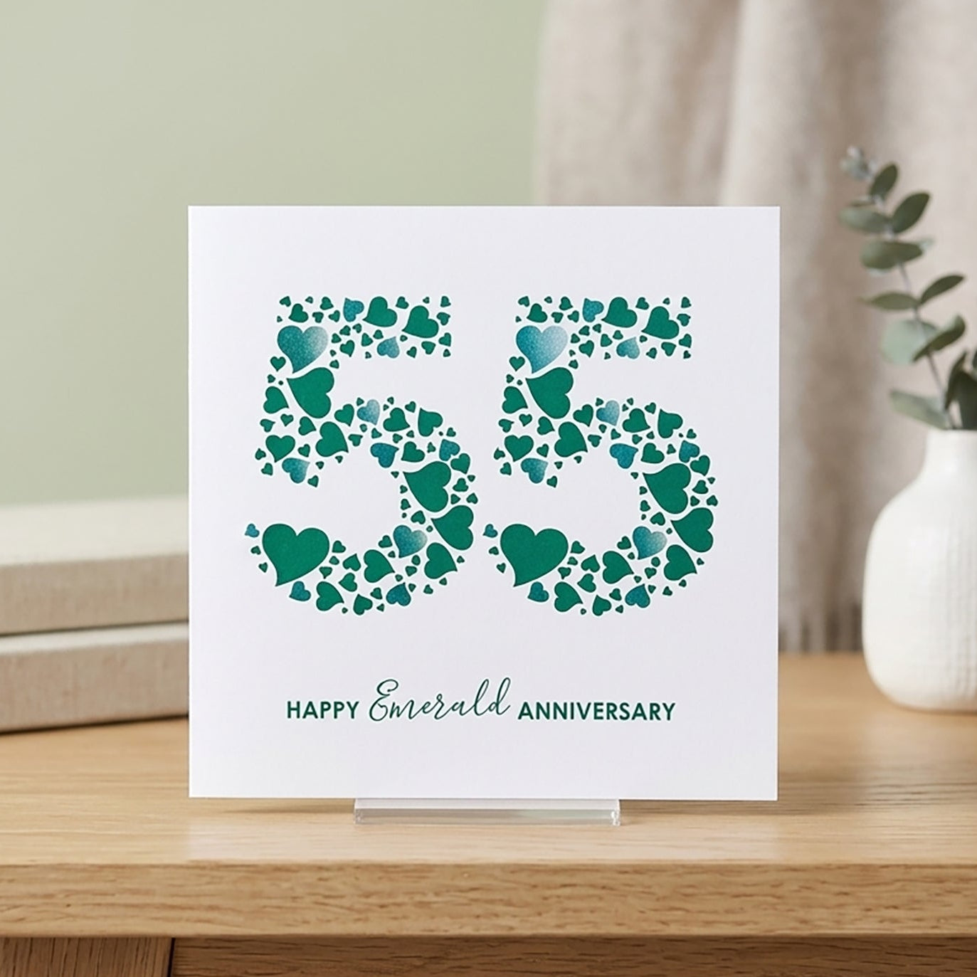 55th Happy Emerald Anniversary Card with a large number 55 made from lots of green love hearts.