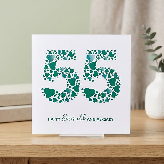 55th Happy Emerald Anniversary Card with a large number 55 made from lots of green love hearts.