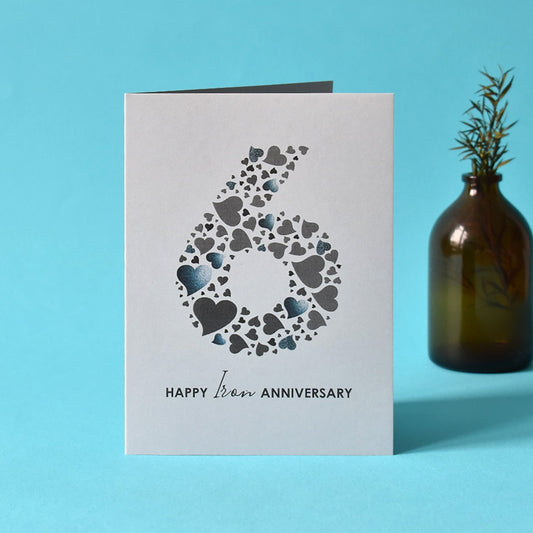 6th Iron Anniversary Card with a large number 6 in shades of grey with the message Happy Iron Anniversary underneath.