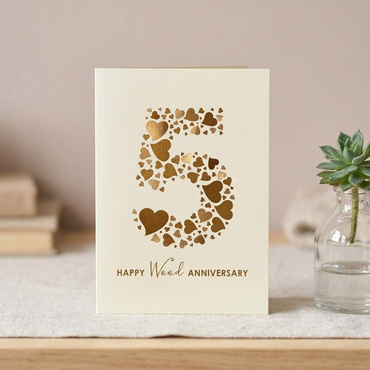 Cream 5th wood anniversary card featuring a modern number 5 design made of brown hearts, styled on a wooden table next to a leafy green plant in a glass vase.