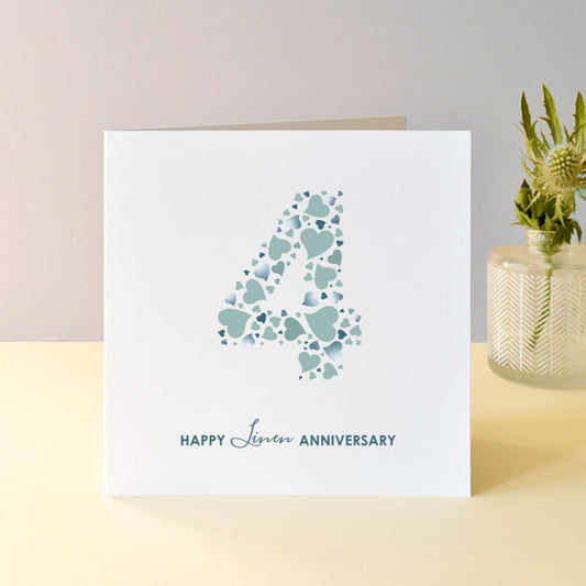 Linen 4th Wedding Anniversary Card with Love Hearts