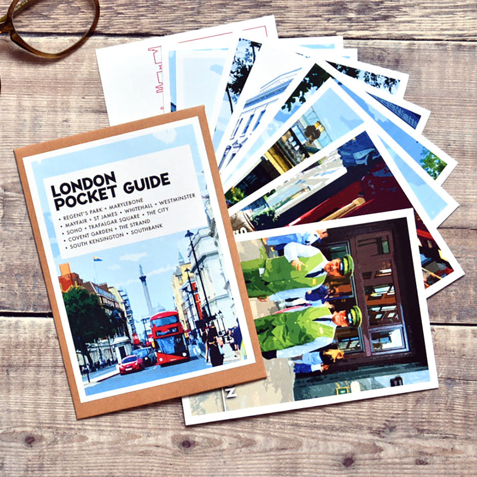 A London Pocket Guide booklet lies on a rustic wooden surface with several printed area guides to London fanned behind it, and a pair of eyeglasses rests in the upper left corner.