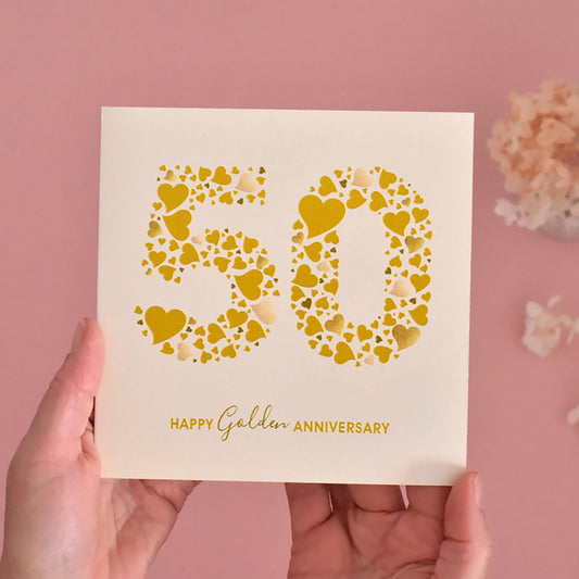 Gold Wedding Anniversary Card with Love Hearts