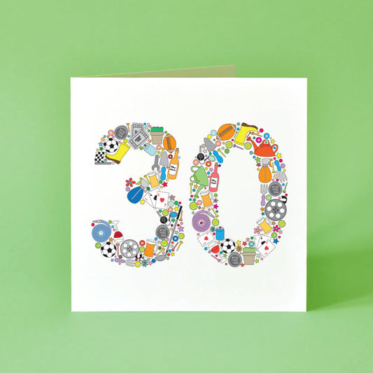 Square white card with a large 30 in the centre. The 30 is made from a collection of colourful illustrations of objects that relate to typical male hobbies and interests. For example: rugby ball, golf clubs, pints of beer, car keys, cinema tickets, football and lots more.