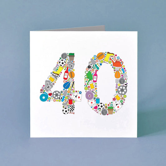 Male 40th Birthday Card - the number 40 is made from illustrations of objects relating to male hobbies such as golf club, playing cards, rugby ball, plants, cinema tickets.