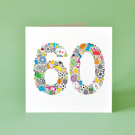 Male 60th Birthday Card - the number 60 is made from colourful illustrations of objects relating to male hobbies such as golf club, playing cards, rugby ball, plants, cinema tickets.