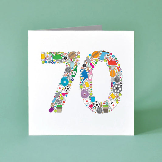Male 70th Birthday Card - the number 70 is made from illustrations of objects relating to male hobbies such as golf club, playing cards, watering can, plants, cinema tickets and glasses of wine and beer.