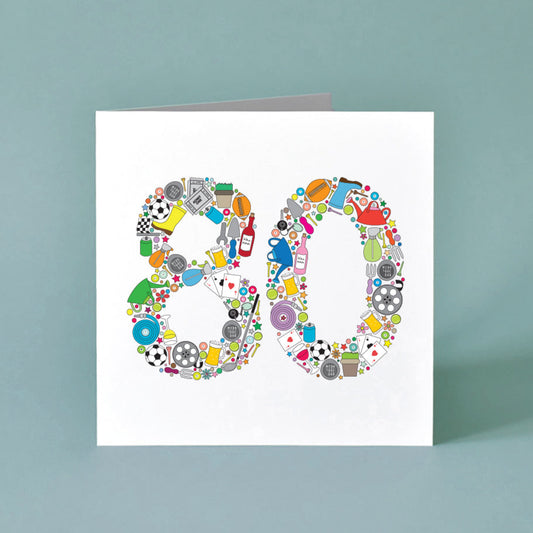Square male birthday card, a large number 80 takes centre stage. The number 80 is made from a collection of illustrations of objects relating to male hobbies and interests. These colourful objects include plants, gold clubs, wine bottles, playing cards, football, cinema tickets and lots more.