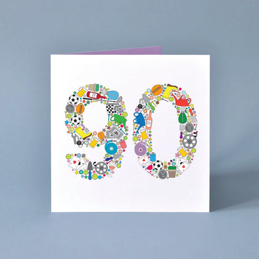 Square male birthday card, a large number 90 takes centre stage. The number 90 is made from a collection of illustrations of objects relating to male hobbies and interests. These colourful objects include plants, gold clubs, wine bottles, playing cards, football, cinema tickets and lots more.