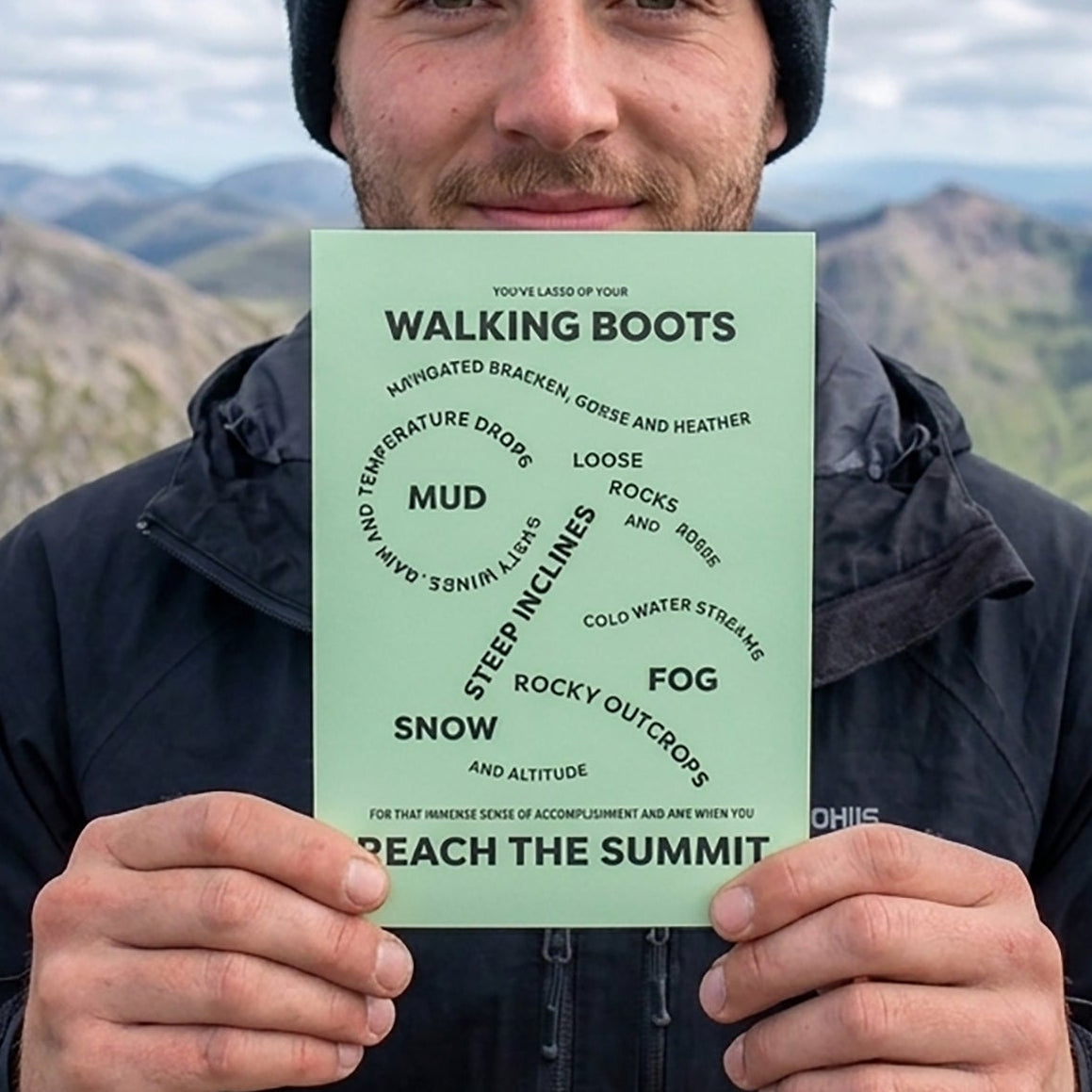 A man wearing a black beanie and dark jacket stands on a mountain holding up a light green card that reads 'WALKING BOOTS' with words like mud, snow, and fog around it. Mountains and a cloudy sky are visible in the background.