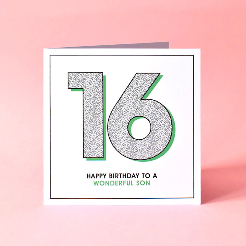 Modern birthday card for a teenage son turning 16 with message “Happy Birthday to a Wonderful Son.