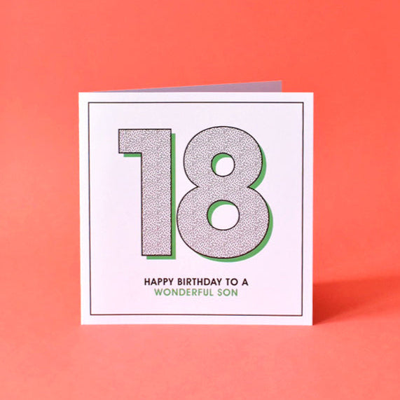 Modern birthday card for son turning 18, with bold typography and contemporary design in green and grey tones.