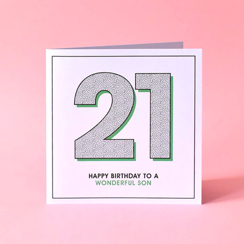 Modern birthday card for son turning 21, featuring bold typography and fresh graphic design.