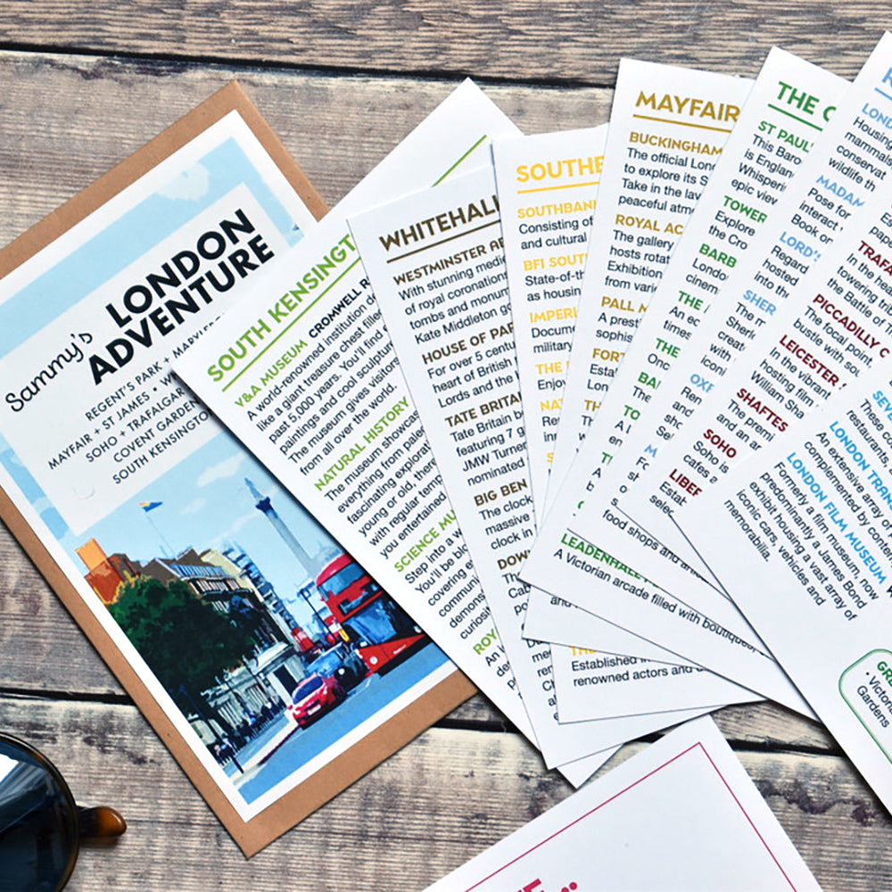 A set of printed travel guide cards 'London Adventure' and other city guides, arranged on a rustic wooden surface with sunglasses as props.