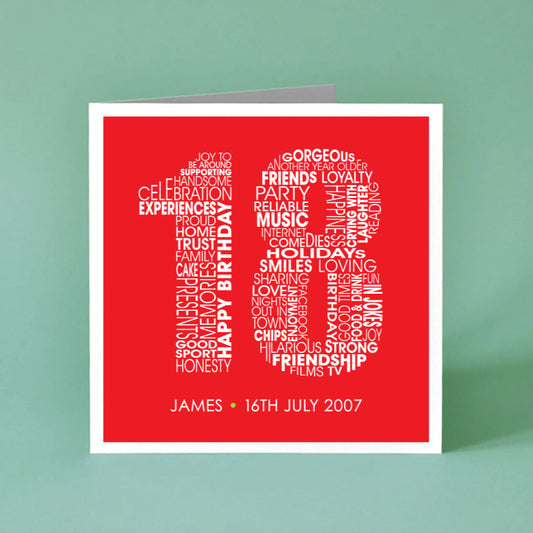 Personalised 18th Birthday Card with positive traits plus name and date of birth added.
