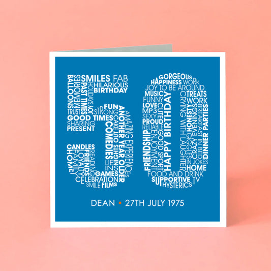 Personalised 50th Birthday card with name and date of birth added.