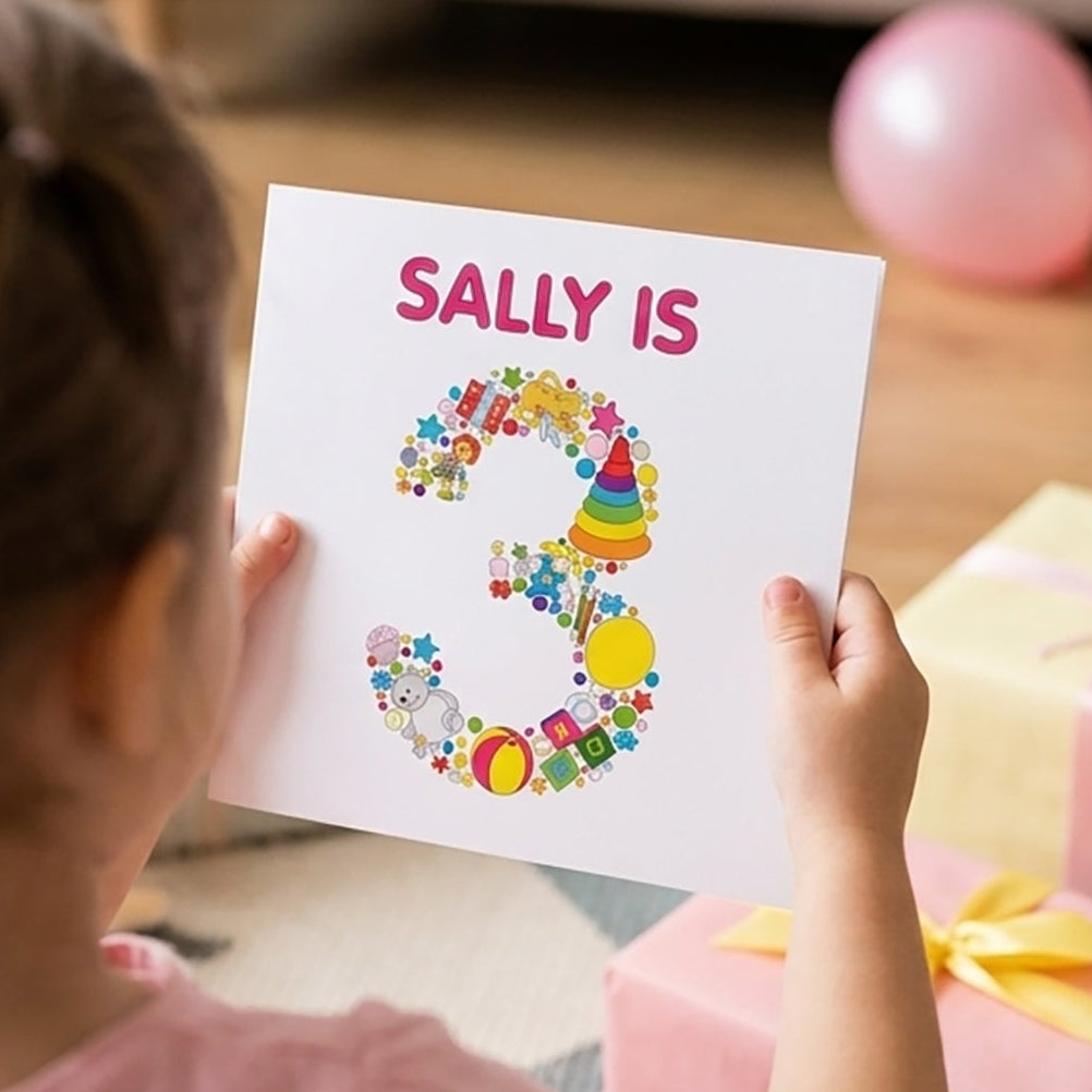 Child holding a sign with 'Sally is 3' at a birthday party with presents and balloons.