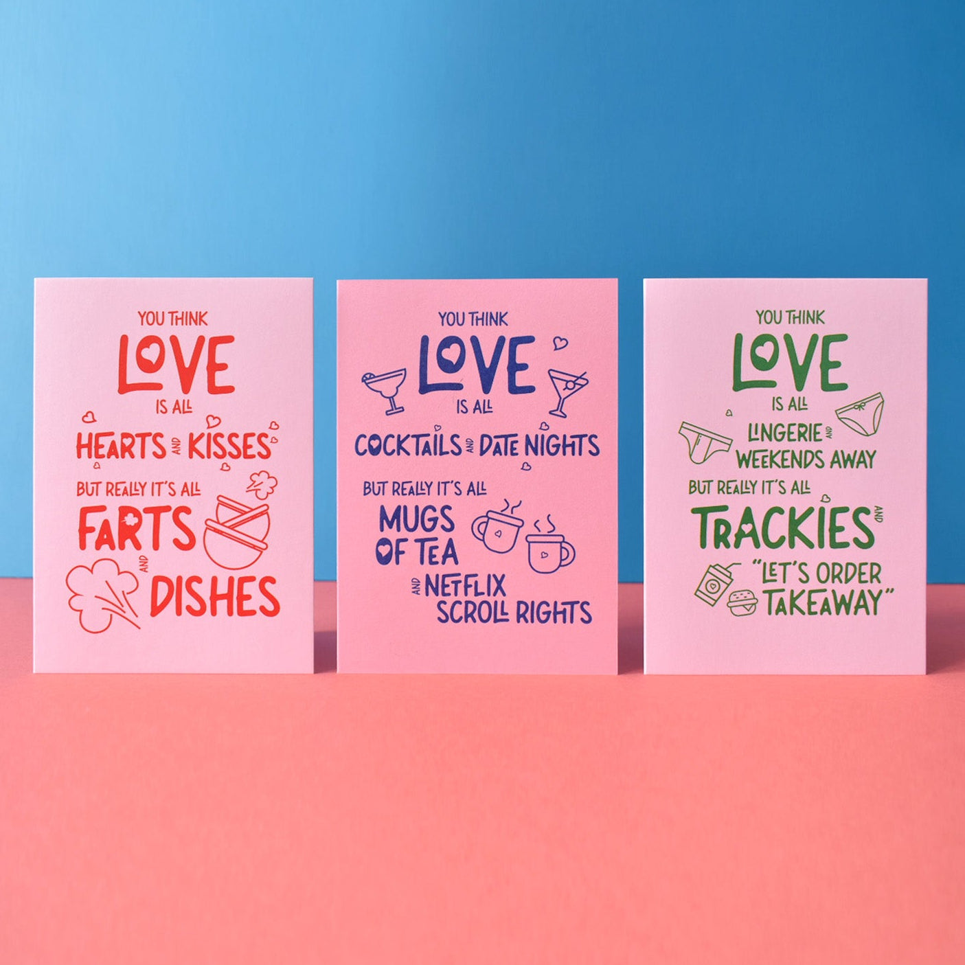 Three colorful cards with humorous love quotes on a pink and blue background