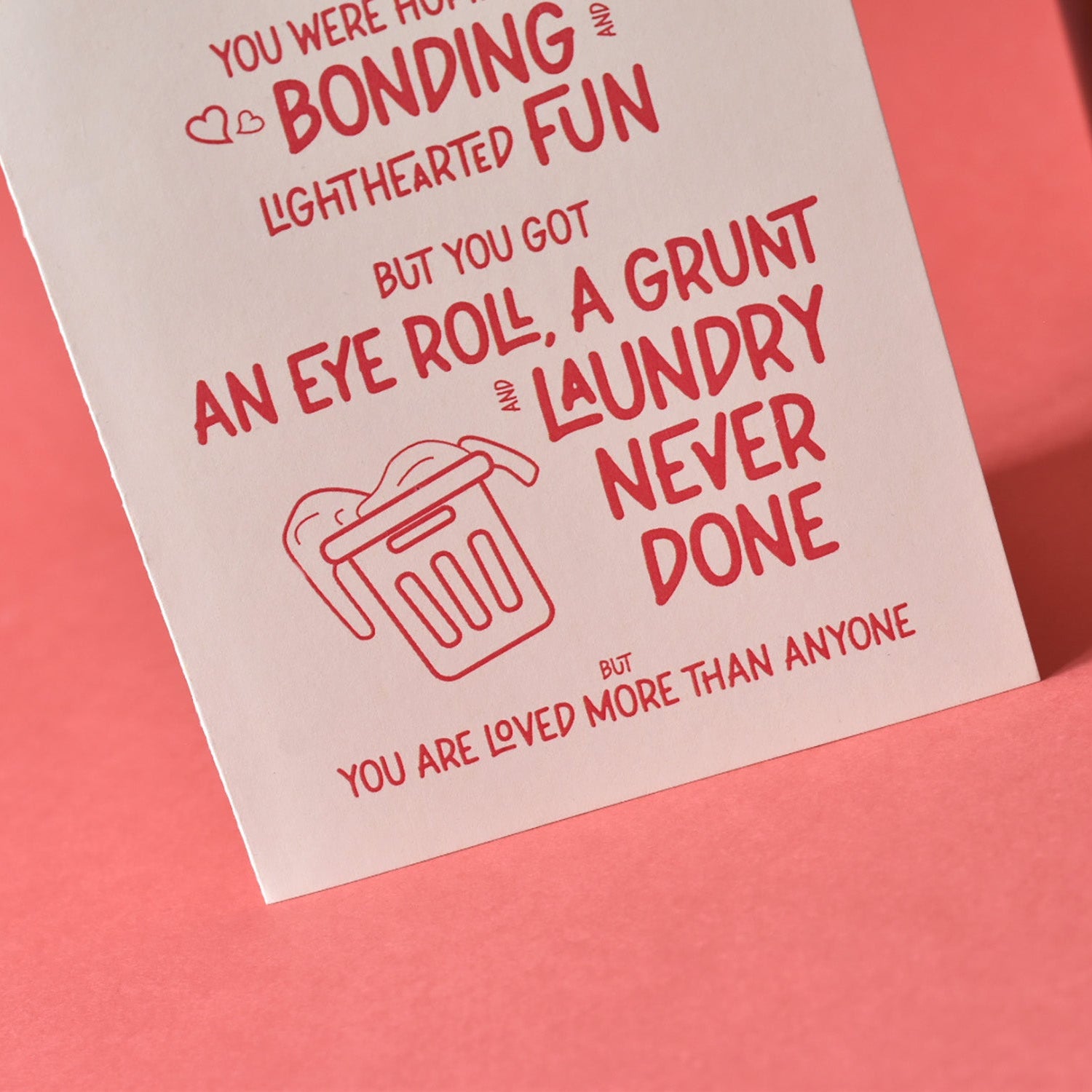 Funny teenage-themed Mother's Day card in cream with red text about eye rolls and laundry.