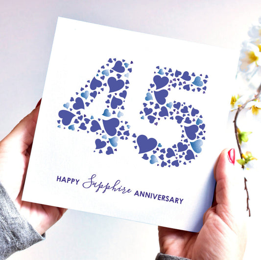 Elegant 45th anniversary card displayed in a sophisticated setting, showcasing its rich blue tones and celebratory design for couples.