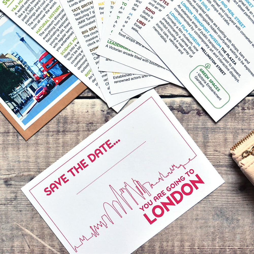 A styled flat-lay featuring a white 'Save the Date' card with red text and a red London skyline sketch, surrounded by printed iLondon guides, a beige zip pouch, sunglasses and a postcard on a rustic wooden surface.