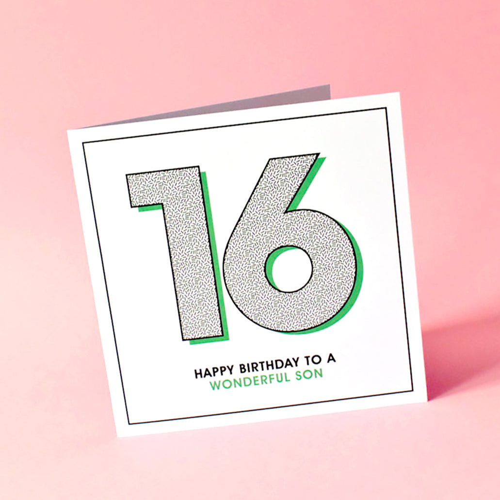 Stylish 16th birthday card with bold typography and fresh design, perfect for a son’s milestone birthday.