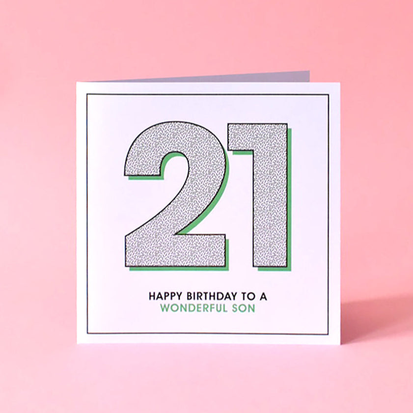 Stylish and heartfelt 21st birthday card with “Happy Birthday to a Wonderful Son” message.