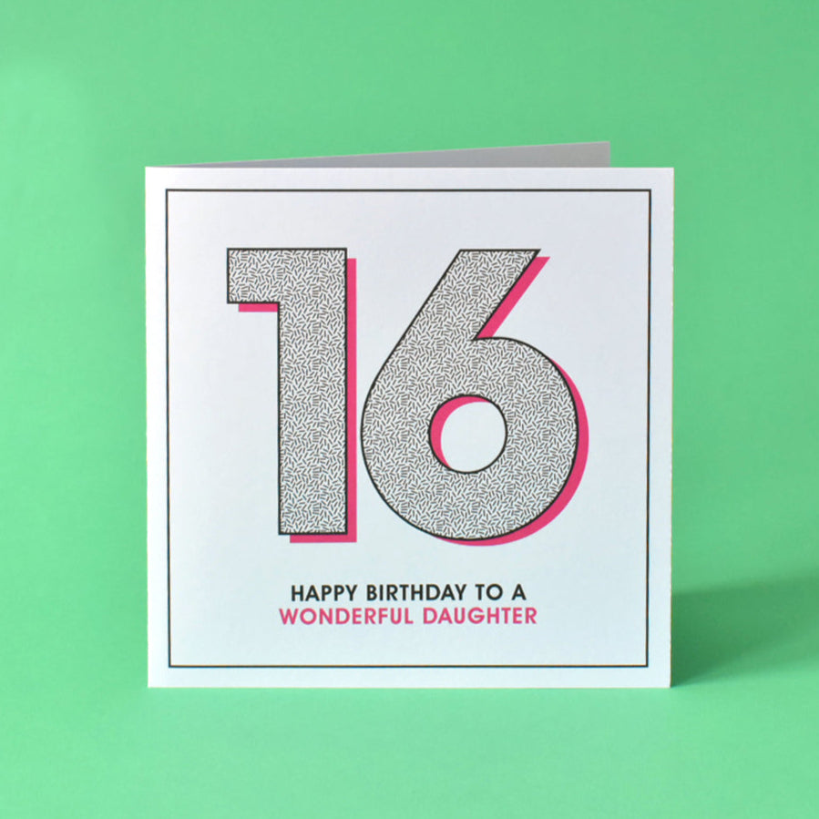 Vibrant 16th birthday card featuring scatter pattern and heartfelt message for daughter.
