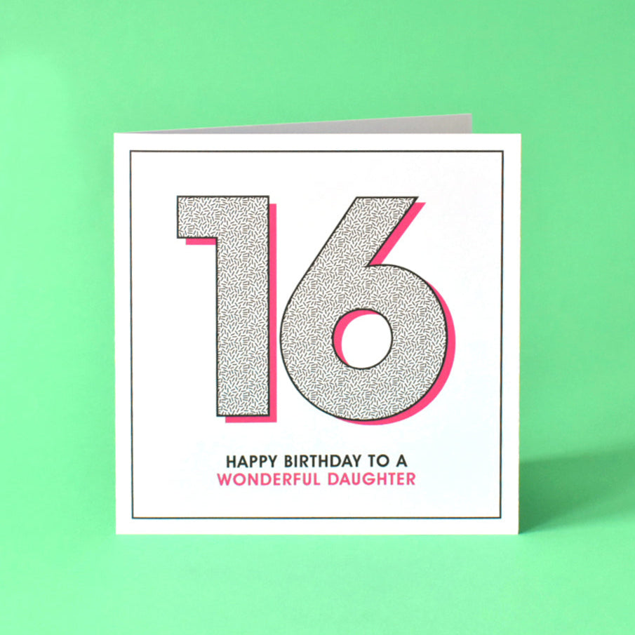Bold and colourful birthday card for your daughters 16th birthday.