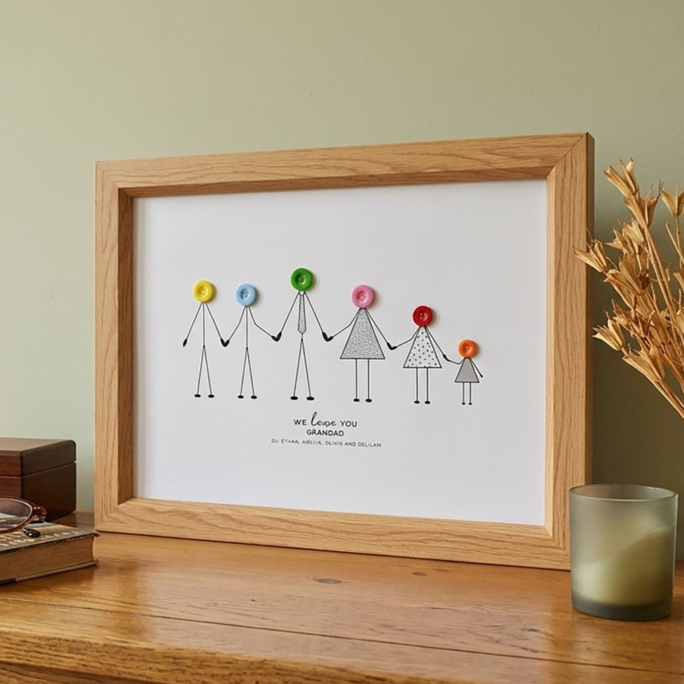 Personalised Button Print of Grandad standing alongside all his grandchildren holding hands. Perfect Fathers Day Gift idea.