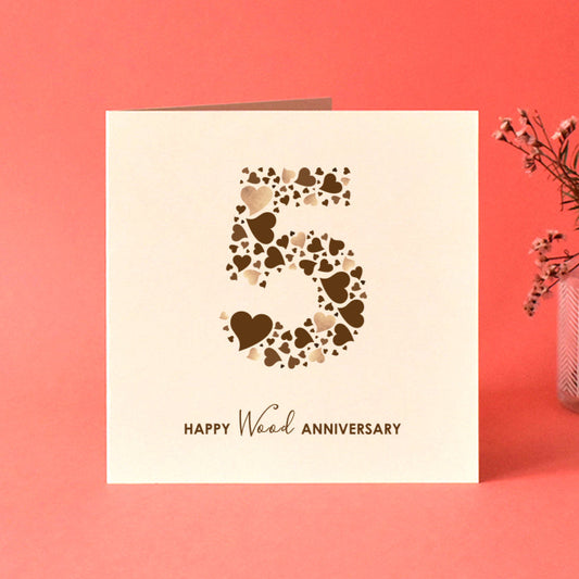 Wood 5th Wedding Anniversary Card with Love Hearts