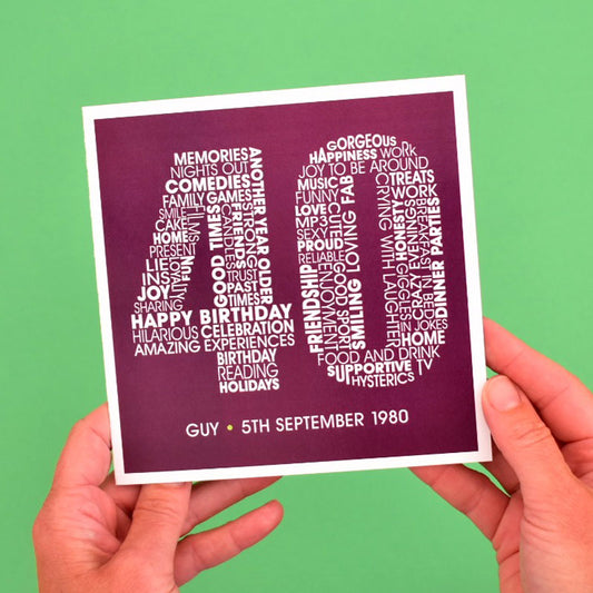 Typographic Personalised 40th Birthday Card